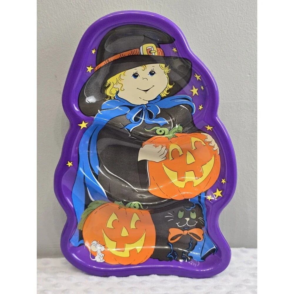 Vintage Halloween Serving Tray Berman Plastic Candy Treat Dish Witch Pumpkin Cat